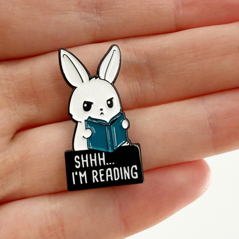 Cute Bunny Reading Enamel Pin “Shhh I’m Reading” Book Lover Badge
